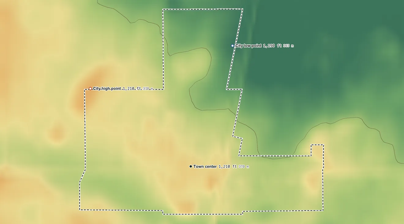 Topographic elevation map of Ormsby, Minnesota, shaded from 1,190 ft on the north side to 1,210 ft on the northwest side
