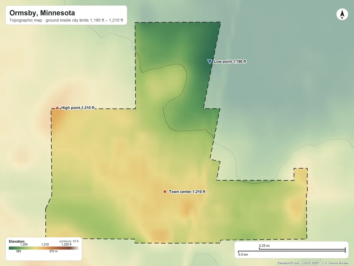 Topographic elevation map of Ormsby, Minnesota, shaded from 1,190 ft on the north side to 1,210 ft on the northwest side