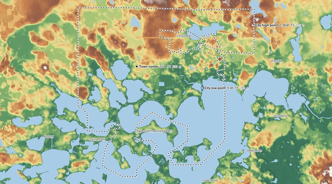 Topographic elevation map of Orono, Minnesota, shaded from 930 ft on the east side to 1,060 ft on the east side