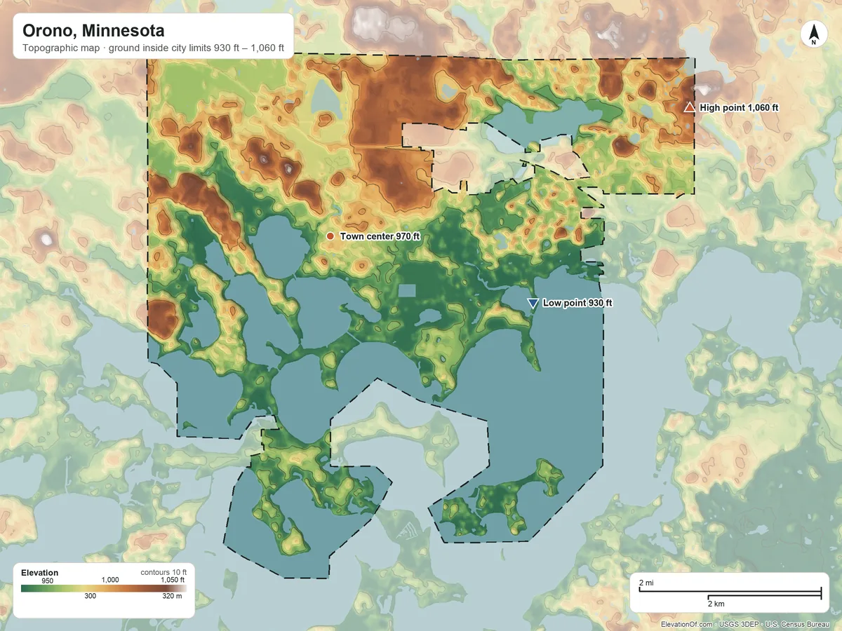 Topographic elevation map of Orono, Minnesota, shaded from 930 ft on the east side to 1,060 ft on the east side