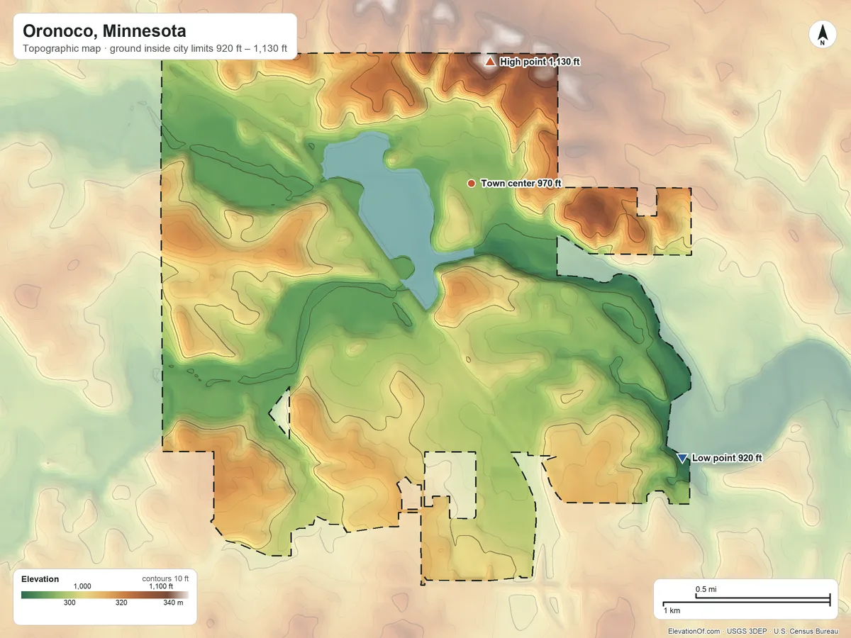 Topographic elevation map of Oronoco, Minnesota, shaded from 920 ft on the southeast side to 1,130 ft on the north side