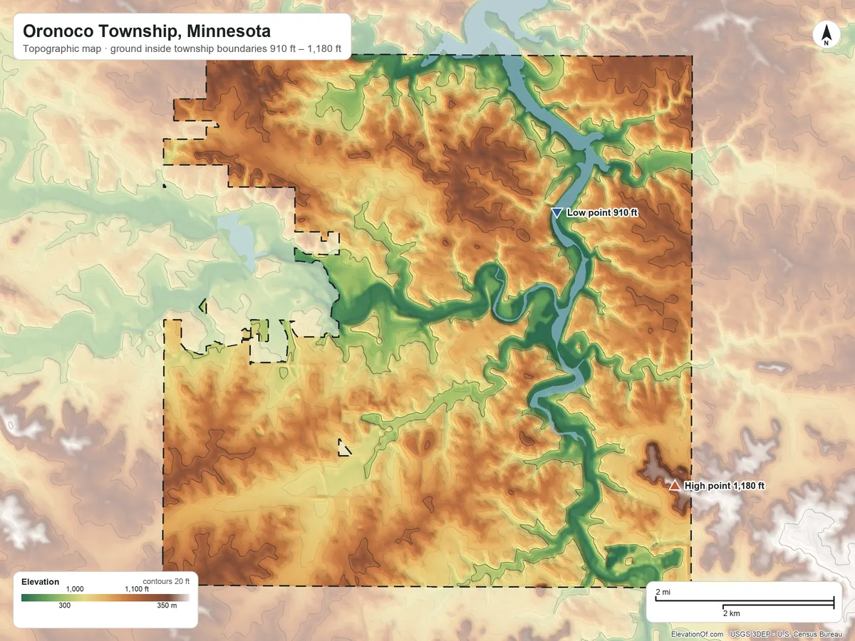 Topographic elevation map of Oronoco Township, Minnesota, shaded from 910 ft on the northeast side to 1,180 ft on the southeast side