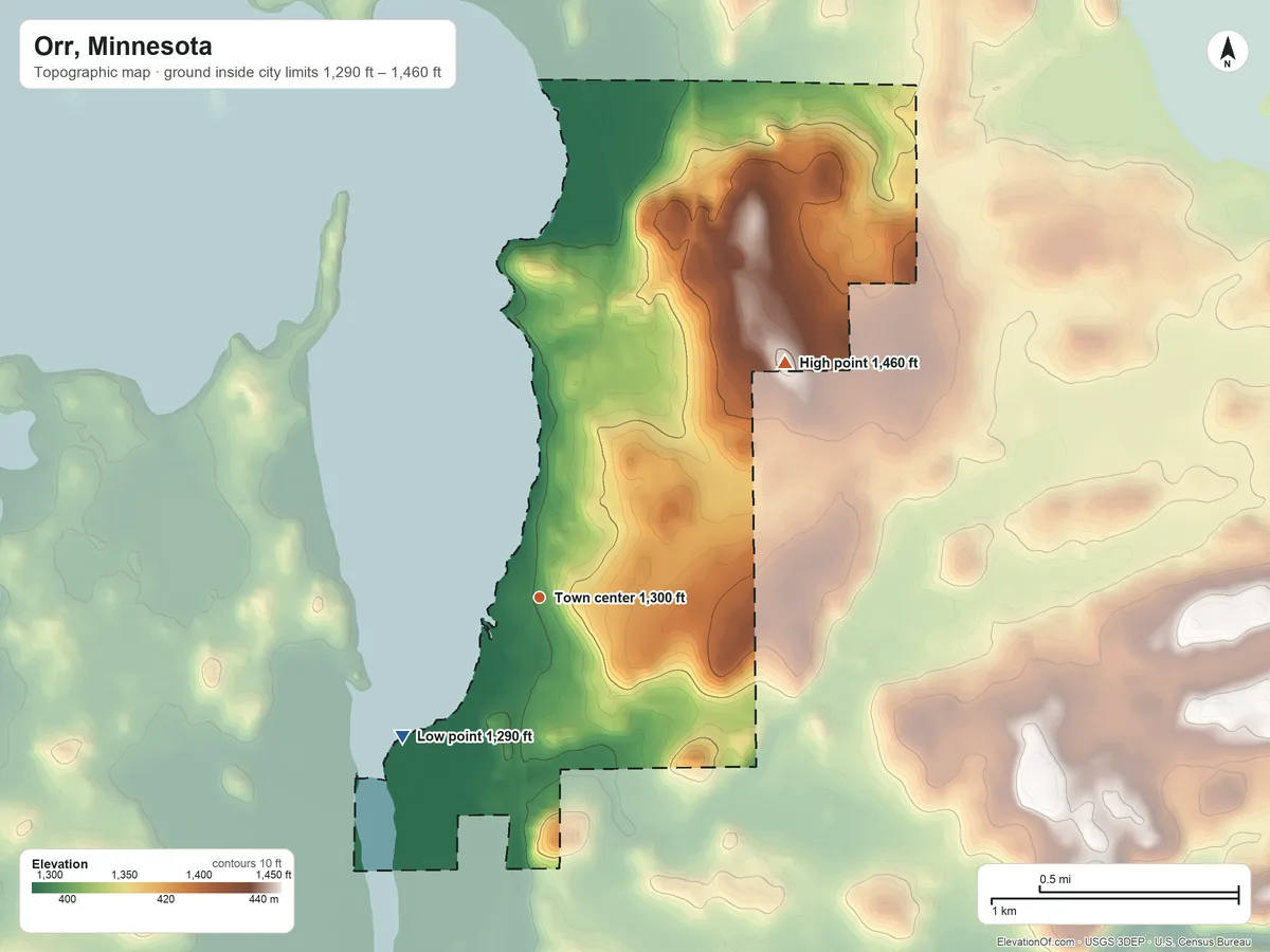 Topographic elevation map of Orr, Minnesota, shaded from 1,290 ft on the southwest side to 1,460 ft on the northeast side