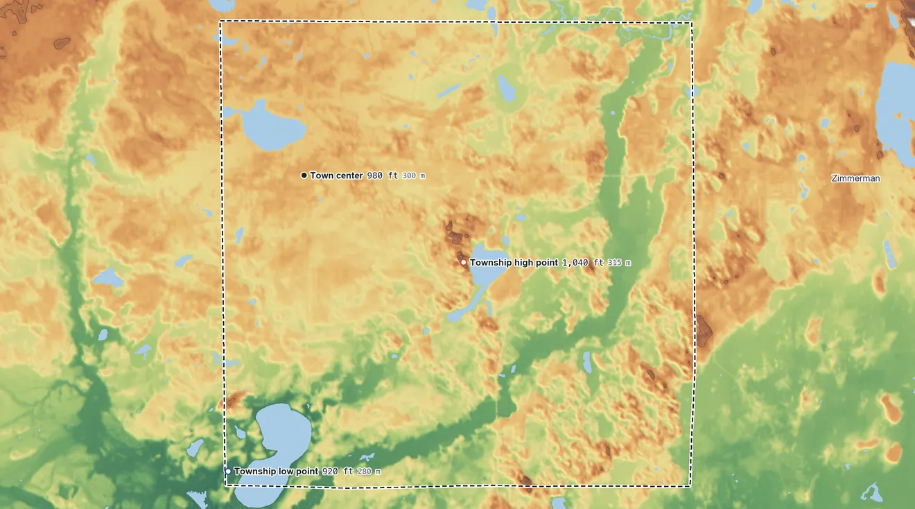 Topographic elevation map of Orrock Township, Minnesota, shaded from 920 ft on the south side to 1,040 ft on the southeast side