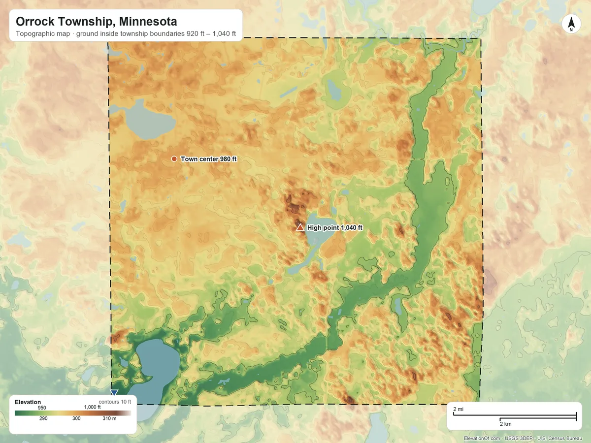 Topographic elevation map of Orrock Township, Minnesota, shaded from 920 ft on the south side to 1,040 ft on the southeast side