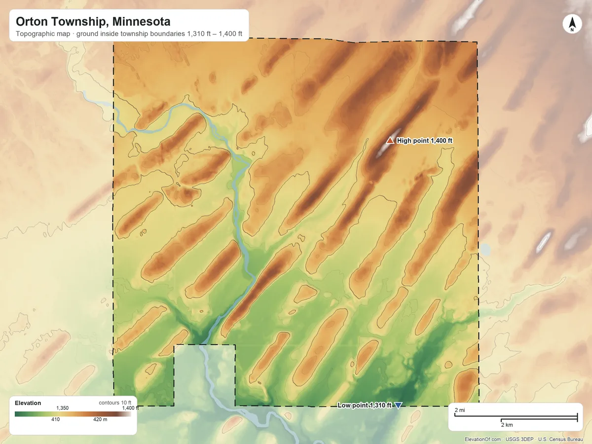 Topographic elevation map of Orton Township, Minnesota, shaded from 1,310 ft on the southeast side to 1,400 ft on the northeast side