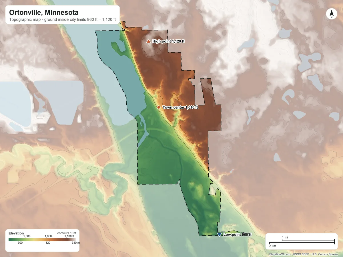 Topographic elevation map of Ortonville, Minnesota, shaded from 960 ft on the southeast side to 1,120 ft on the north side