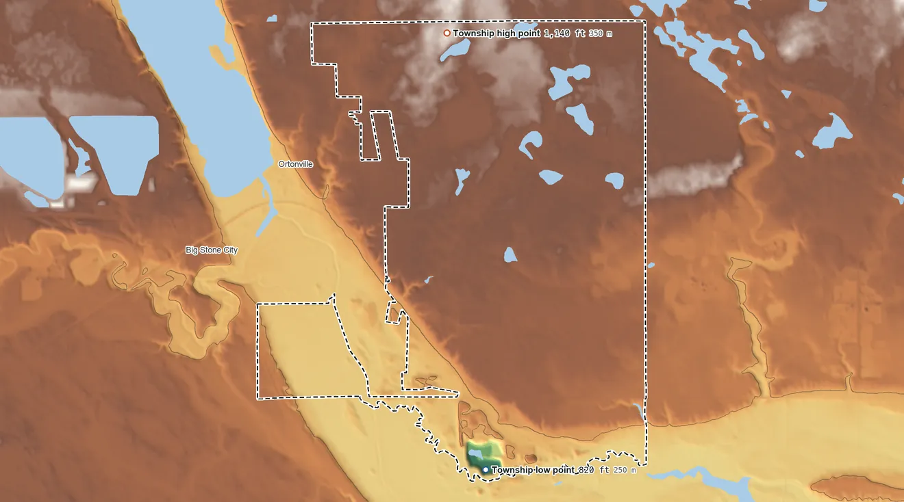 Topographic elevation map of Ortonville Township, Minnesota, shaded from 820 ft on the south side to 1,140 ft on the north side