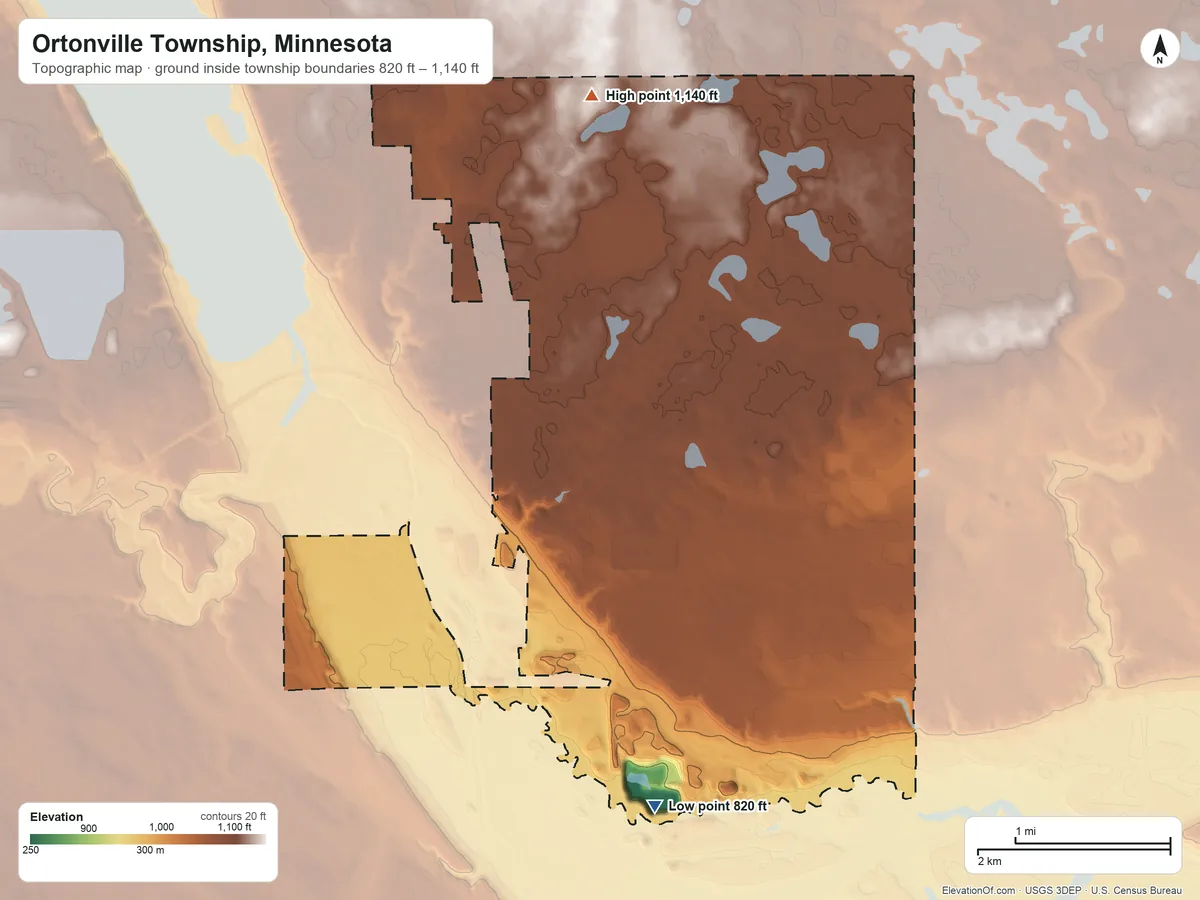 Topographic elevation map of Ortonville Township, Minnesota, shaded from 820 ft on the south side to 1,140 ft on the north side