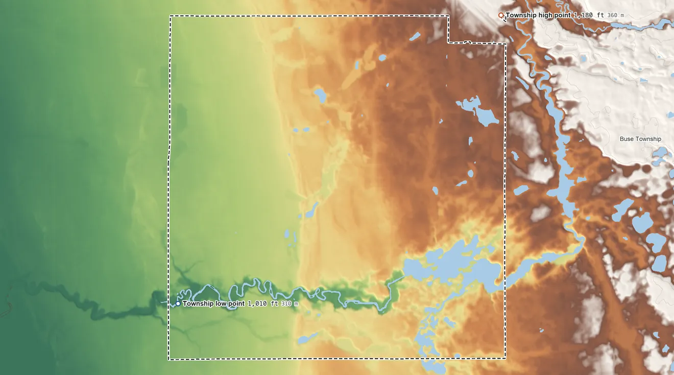 Topographic elevation map of Orwell Township, Minnesota, shaded from 1,010 ft on the southwest side to 1,180 ft on the northeast side
