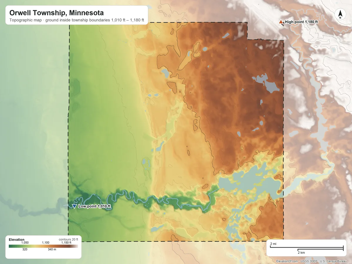 Topographic elevation map of Orwell Township, Minnesota, shaded from 1,010 ft on the southwest side to 1,180 ft on the northeast side