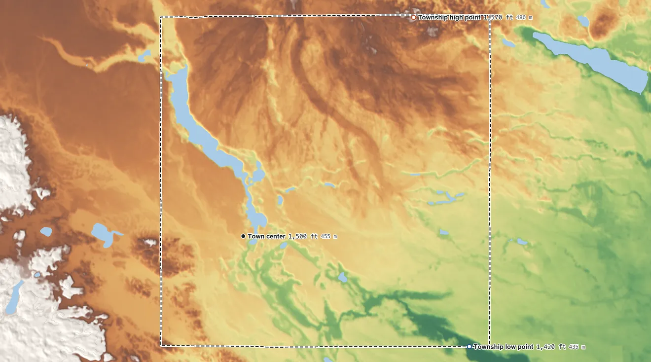Topographic elevation map of Osage Township, Minnesota, shaded from 1,420 ft on the southeast side to 1,570 ft on the northeast side