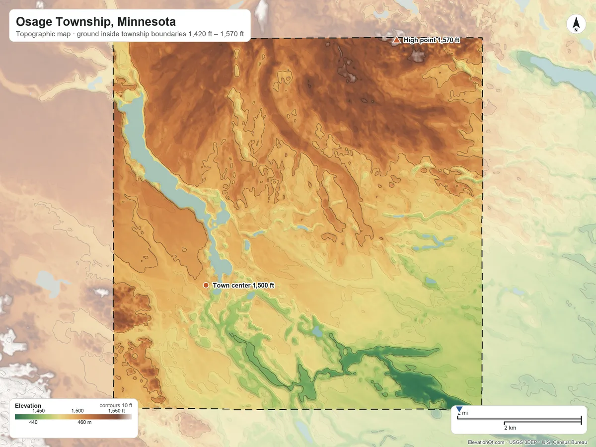 Topographic elevation map of Osage Township, Minnesota, shaded from 1,420 ft on the southeast side to 1,570 ft on the northeast side