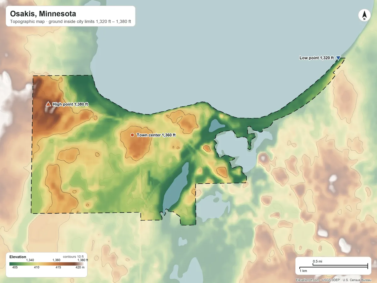 Topographic elevation map of Osakis, Minnesota, shaded from 1,320 ft on the east side to 1,380 ft on the west side