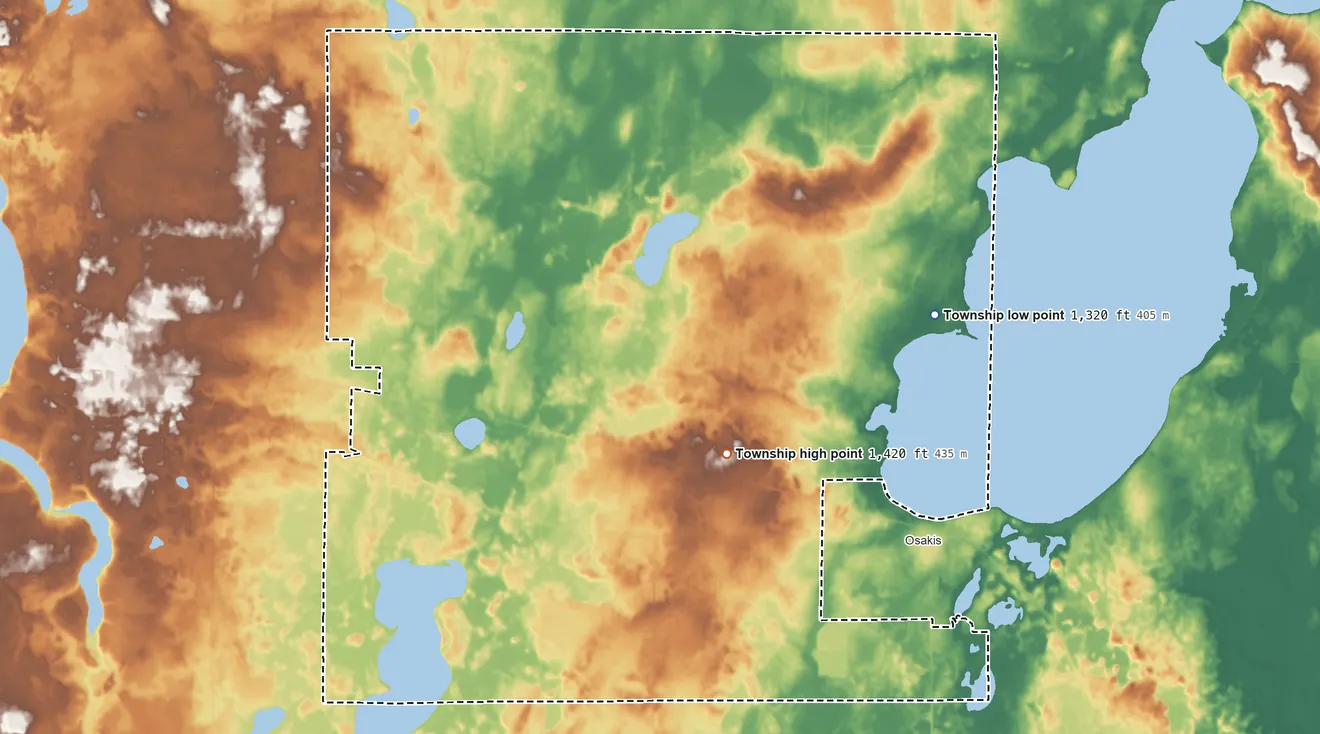 Topographic elevation map of Osakis Township, Minnesota, shaded from 1,320 ft on the east side to 1,420 ft on the south side
