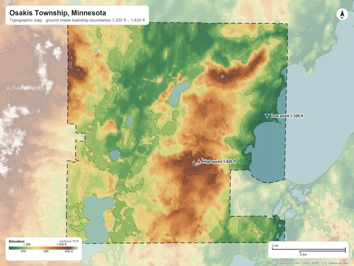 Topographic elevation map of Osakis Township, Minnesota, shaded from 1,320 ft on the east side to 1,420 ft on the south side