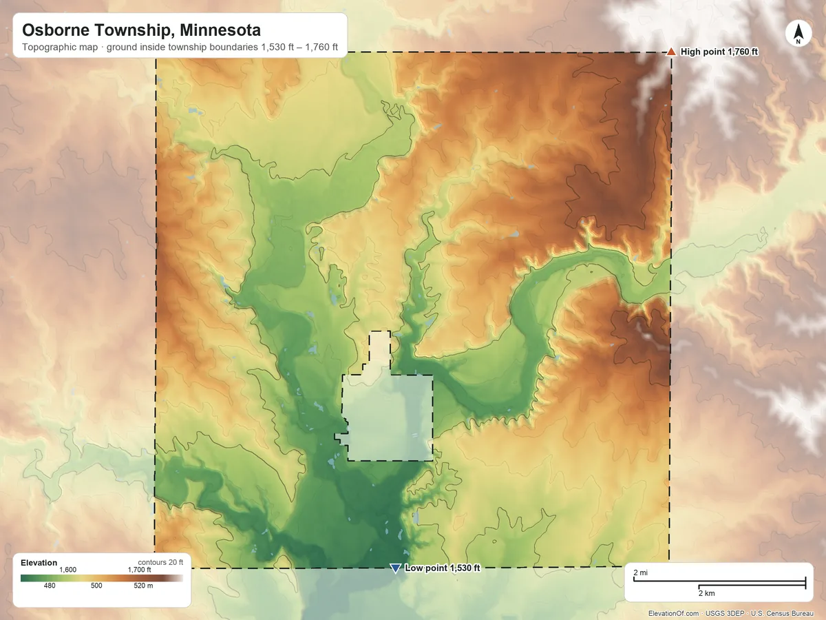 Topographic elevation map of Osborne Township, Minnesota, shaded from 1,530 ft on the south side to 1,760 ft on the northeast side