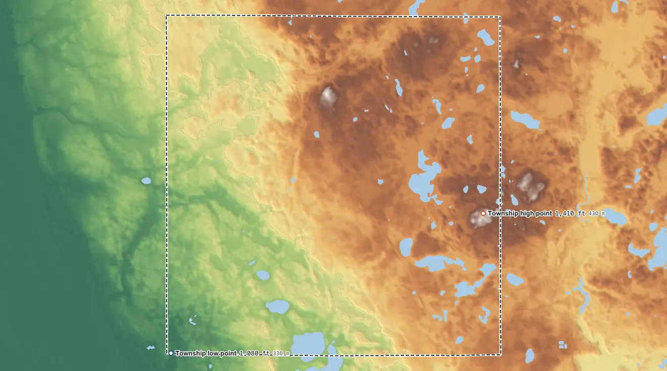 Topographic elevation map of Oscar Township, Minnesota, shaded from 1,080 ft on the southwest side to 1,410 ft on the east side