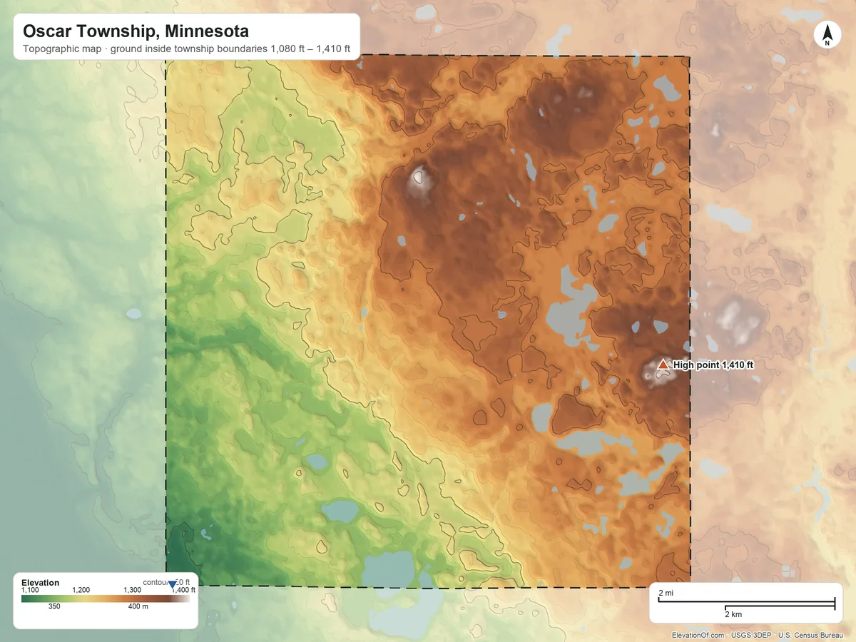 Topographic elevation map of Oscar Township, Minnesota, shaded from 1,080 ft on the southwest side to 1,410 ft on the east side