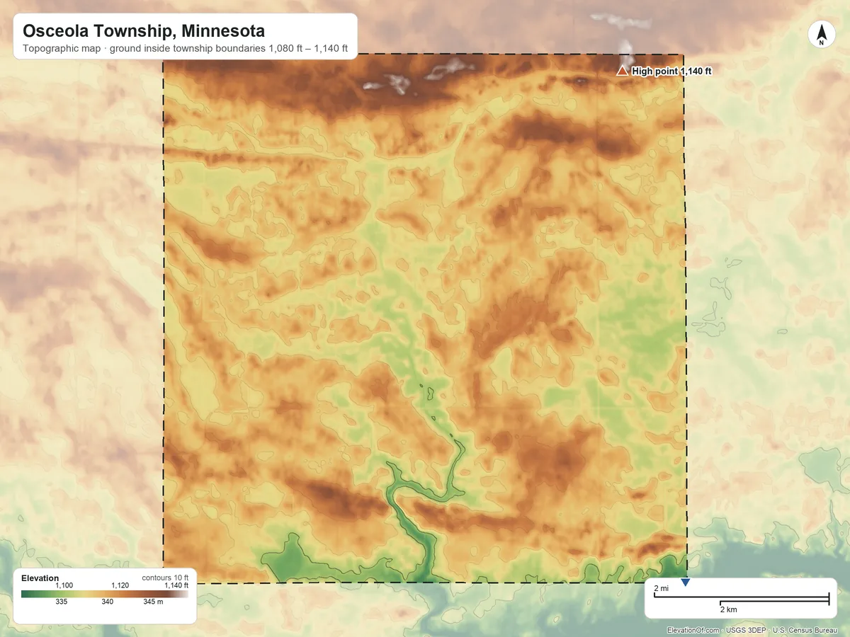 Topographic elevation map of Osceola Township, Minnesota, shaded from 1,080 ft on the southeast side to 1,140 ft on the northeast side