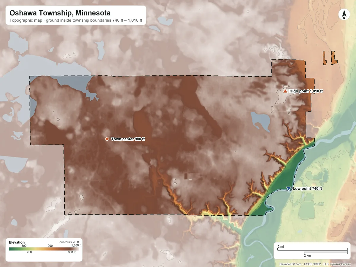 Topographic elevation map of Oshawa Township, Minnesota, shaded from 740 ft on the east side to 1,010 ft on the east side