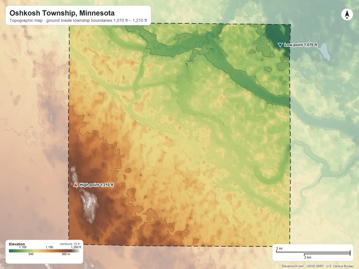 Topographic elevation map of Oshkosh Township, Minnesota, shaded from 1,070 ft on the northeast side to 1,210 ft on the southwest side