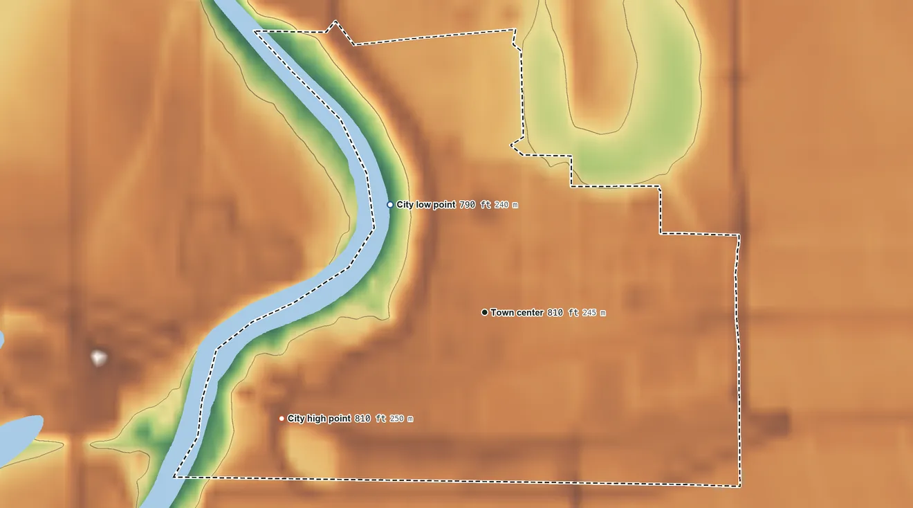 Topographic elevation map of Oslo, Minnesota, shaded from 790 ft on the northwest side to 810 ft on the southwest side