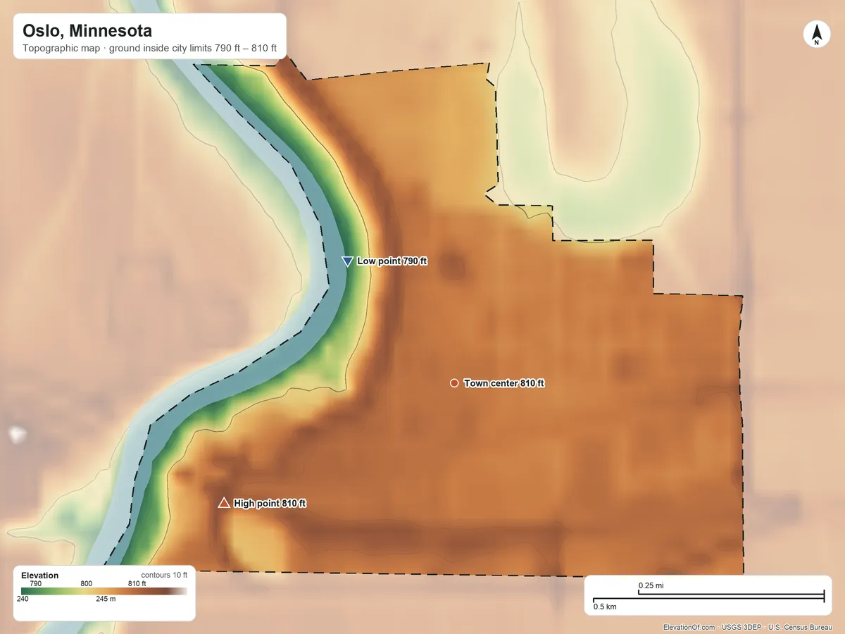 Topographic elevation map of Oslo, Minnesota, shaded from 790 ft on the northwest side to 810 ft on the southwest side