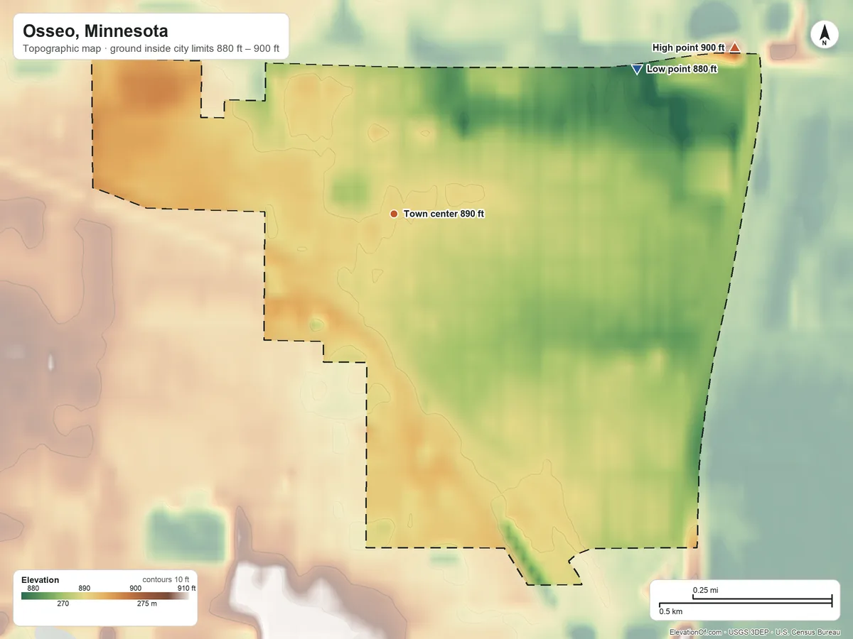 Topographic elevation map of Osseo, Minnesota, shaded from 880 ft on the northeast side to 900 ft on the northeast side