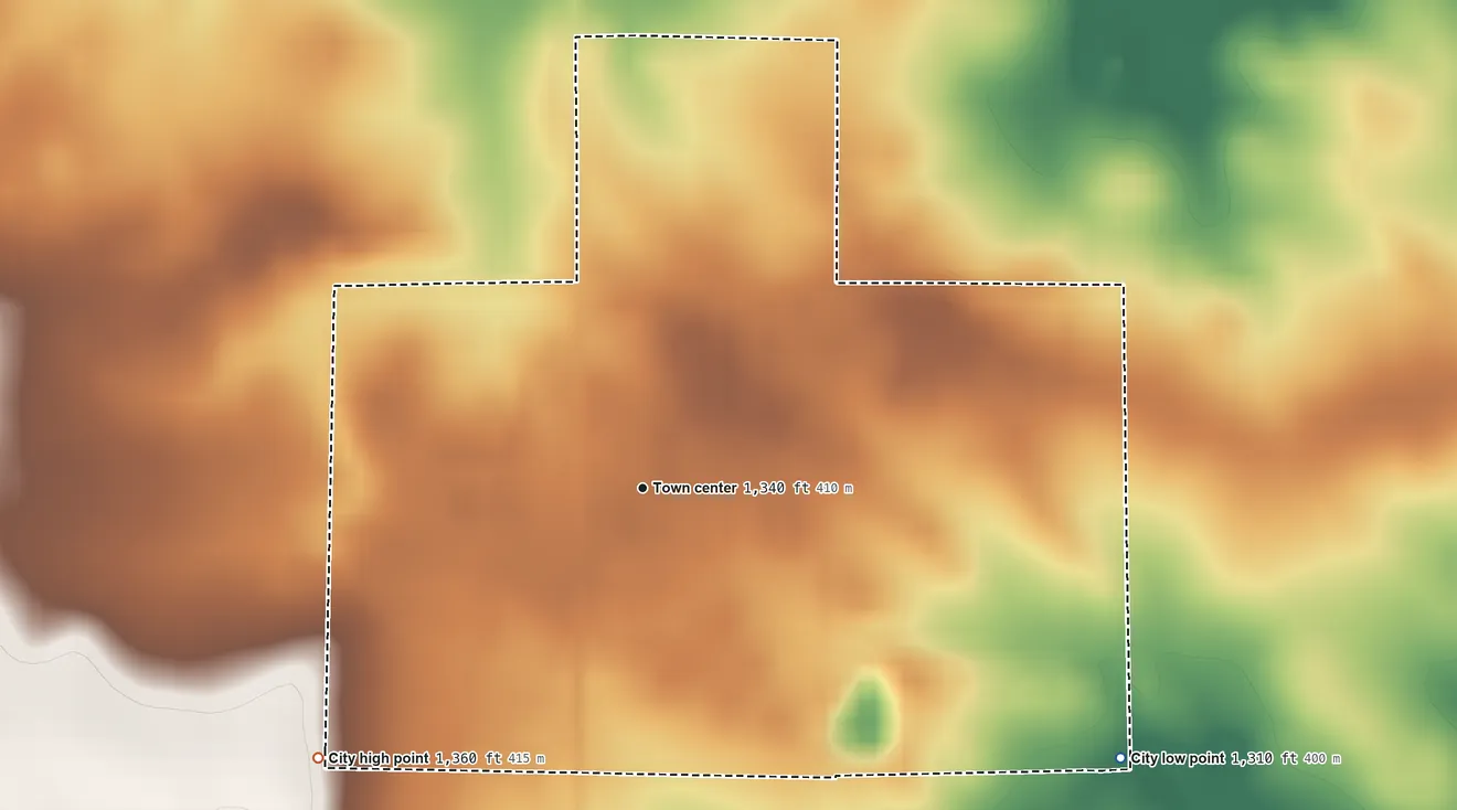 Topographic elevation map of Ostrander, Minnesota, shaded from 1,310 ft on the southeast side to 1,360 ft on the southwest side