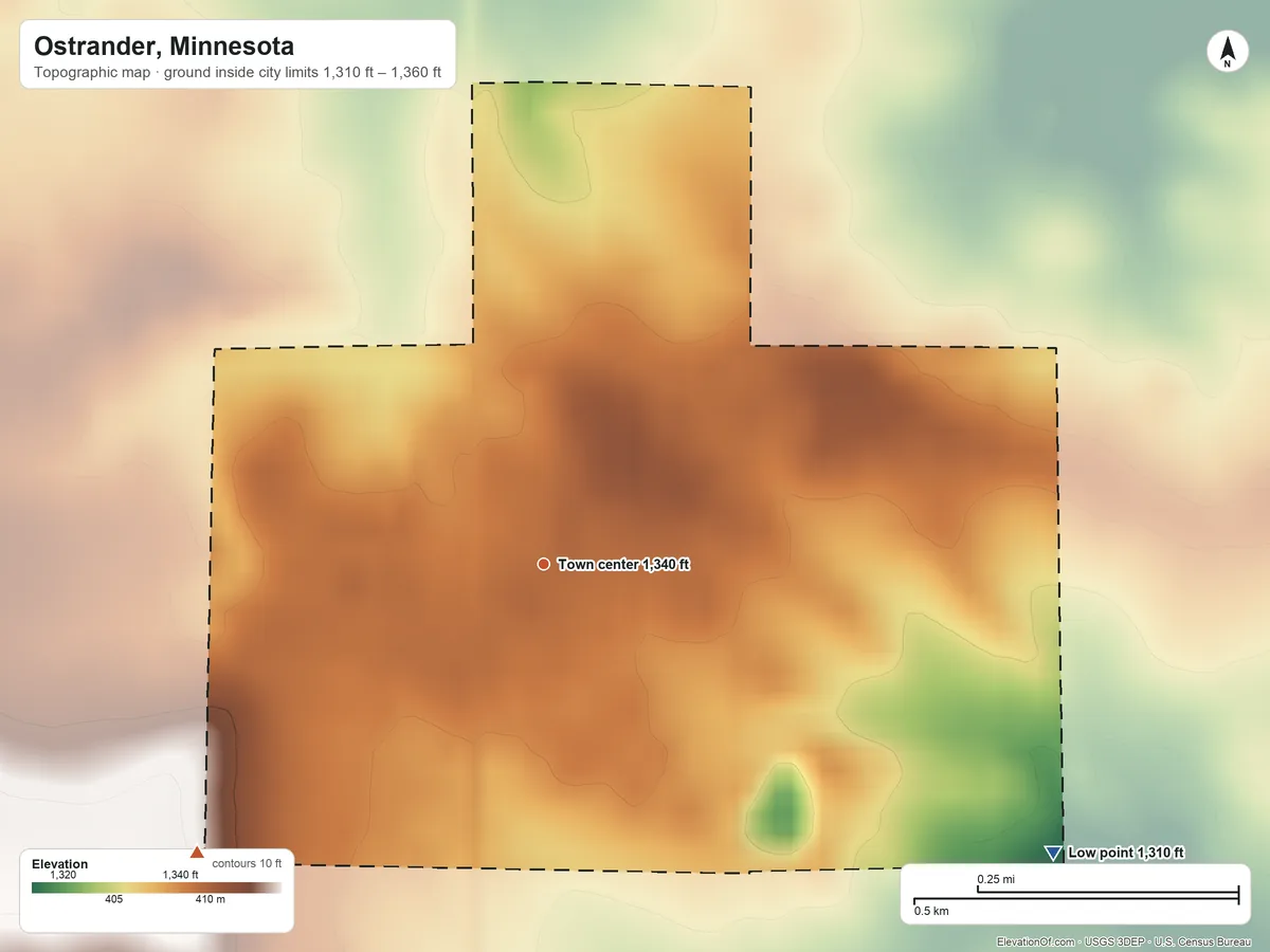 Topographic elevation map of Ostrander, Minnesota, shaded from 1,310 ft on the southeast side to 1,360 ft on the southwest side