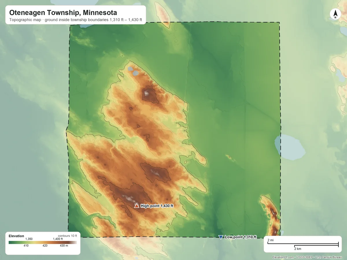 Topographic elevation map of Oteneagen Township, Minnesota, shaded from 1,310 ft on the south side to 1,430 ft on the southwest side