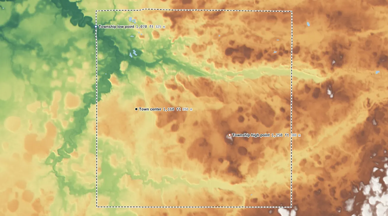 Topographic elevation map of Otisco Township, Minnesota, shaded from 1,070 ft on the northwest side to 1,250 ft on the east side