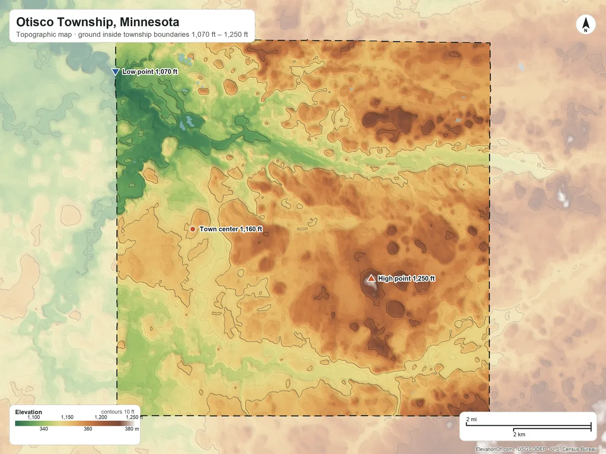 Topographic elevation map of Otisco Township, Minnesota, shaded from 1,070 ft on the northwest side to 1,250 ft on the east side