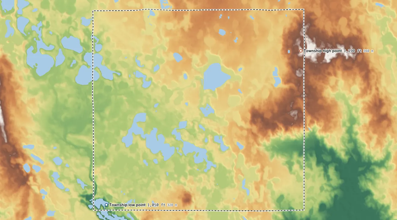 Topographic elevation map of Otrey Township, Minnesota, shaded from 1,050 ft on the southwest side to 1,190 ft on the northeast side