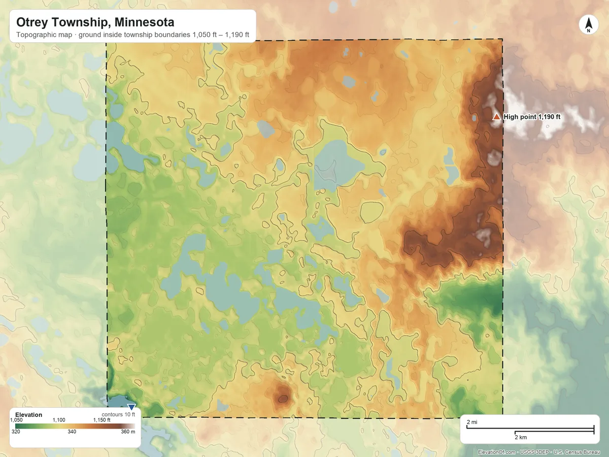 Topographic elevation map of Otrey Township, Minnesota, shaded from 1,050 ft on the southwest side to 1,190 ft on the northeast side