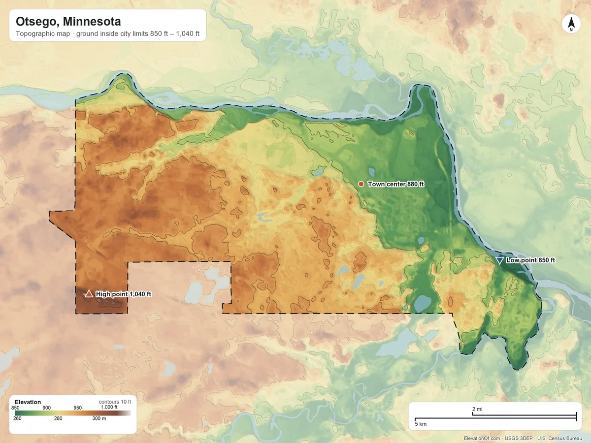 Topographic elevation map of Otsego, Minnesota, shaded from 850 ft on the southeast side to 1,040 ft on the west side
