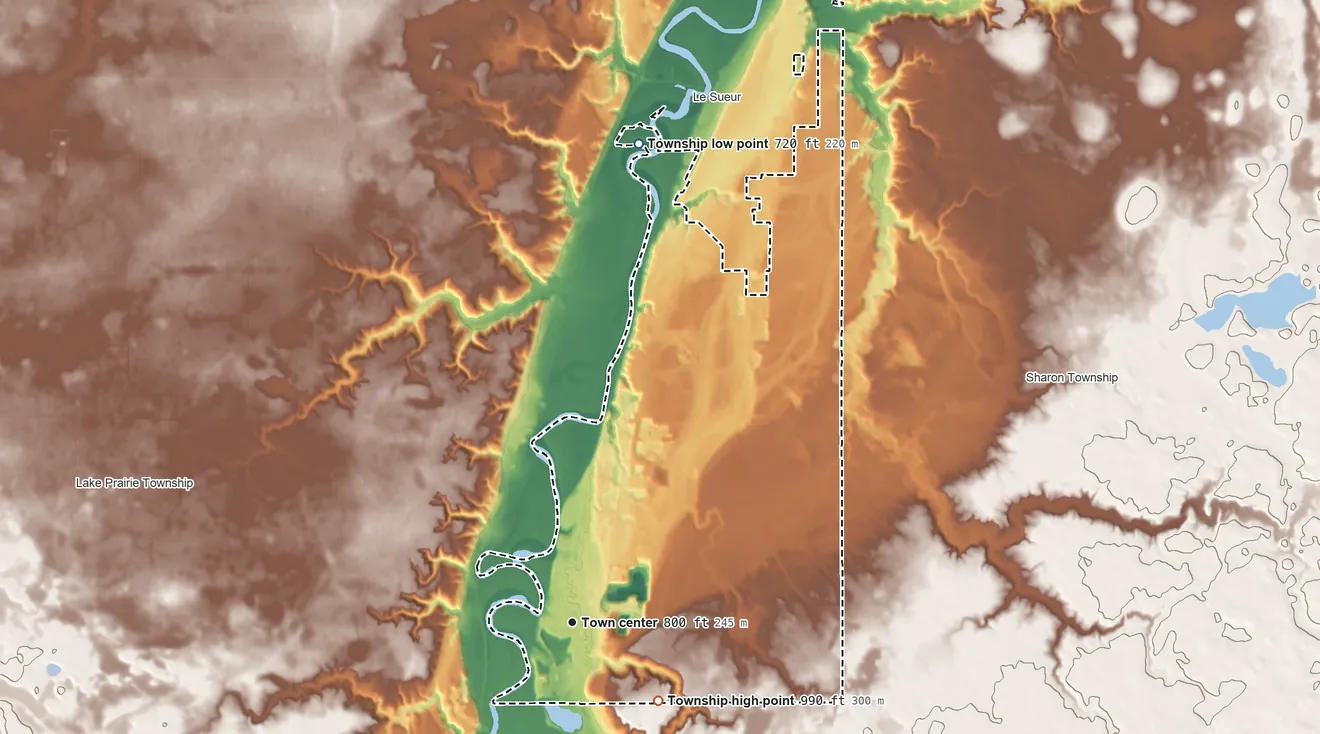 Topographic elevation map of Ottawa Township, Minnesota, shaded from 720 ft on the north side to 990 ft on the southeast side