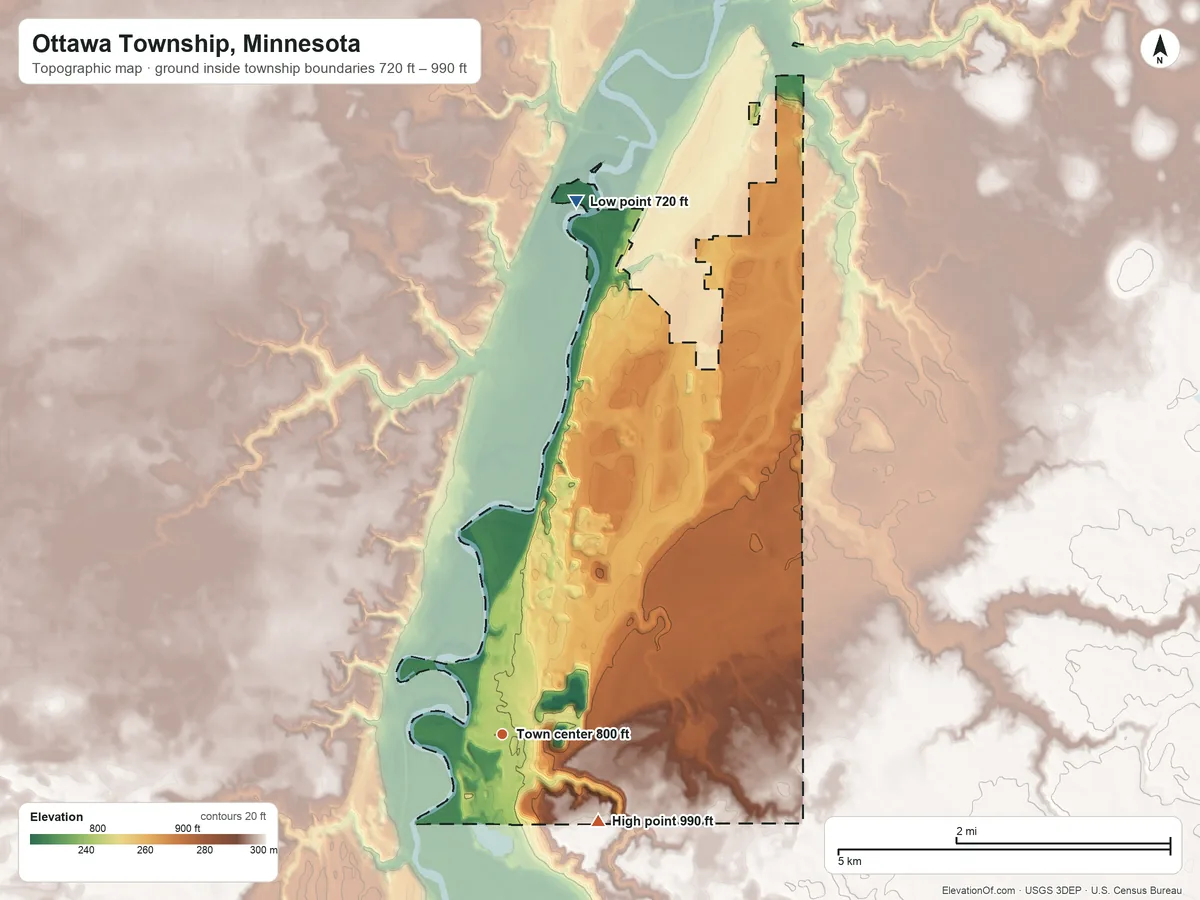 Topographic elevation map of Ottawa Township, Minnesota, shaded from 720 ft on the north side to 990 ft on the southeast side