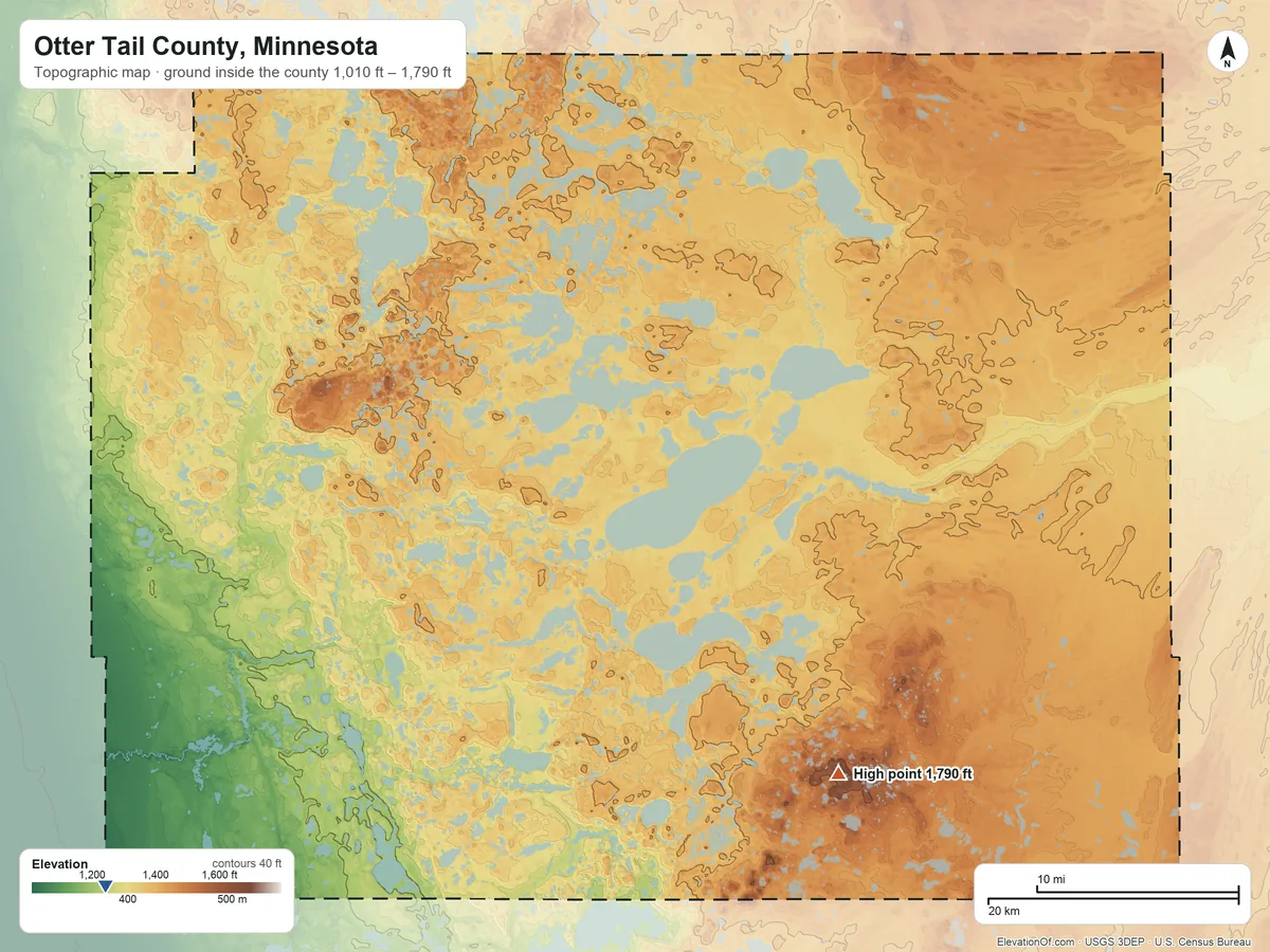 Topographic elevation map of Otter Tail County, Minnesota, shaded from 1,010 ft on the southwest side to 1,790 ft on the southeast side