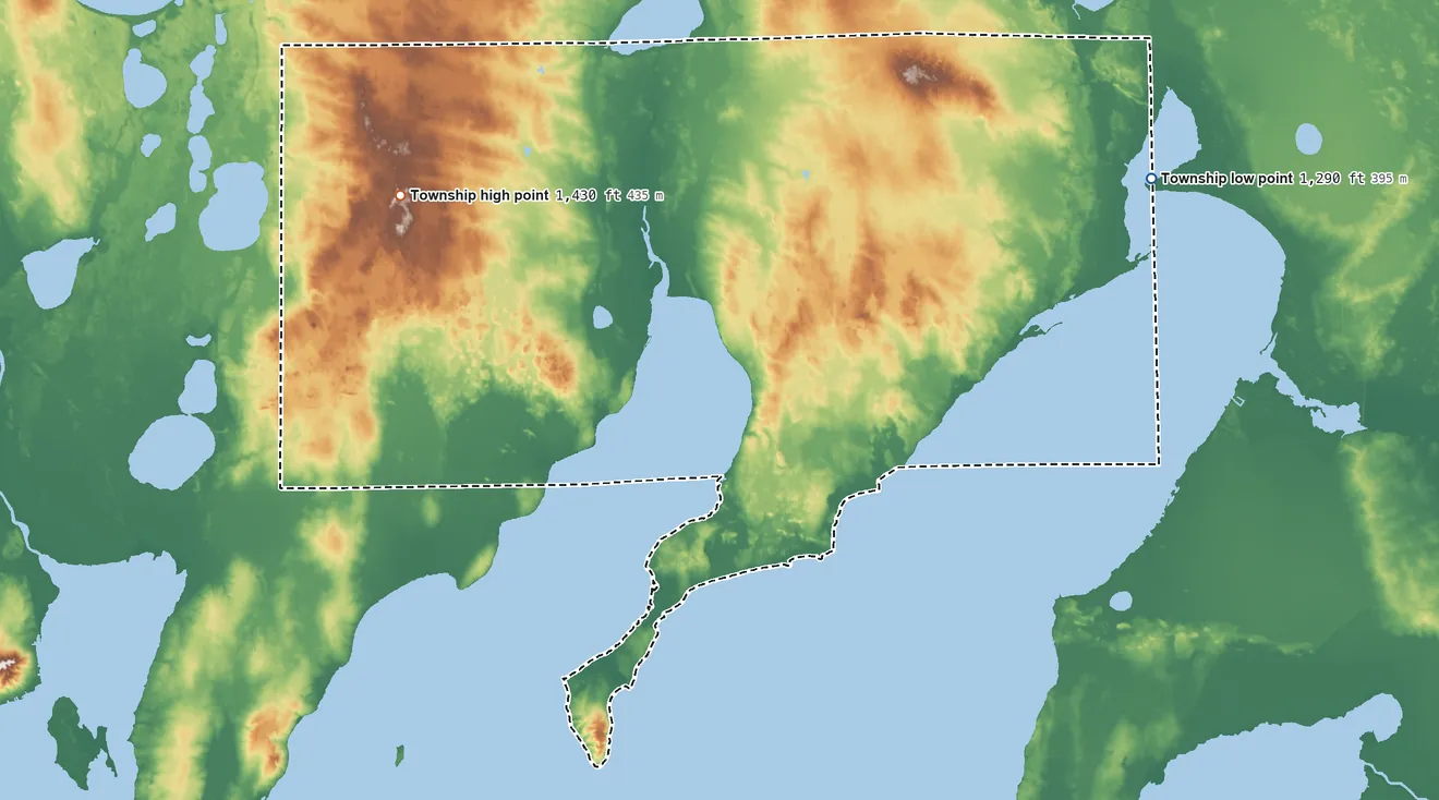 Topographic elevation map of Otter Tail Peninsula Township, Minnesota, shaded from 1,290 ft on the east side to 1,430 ft on the west side