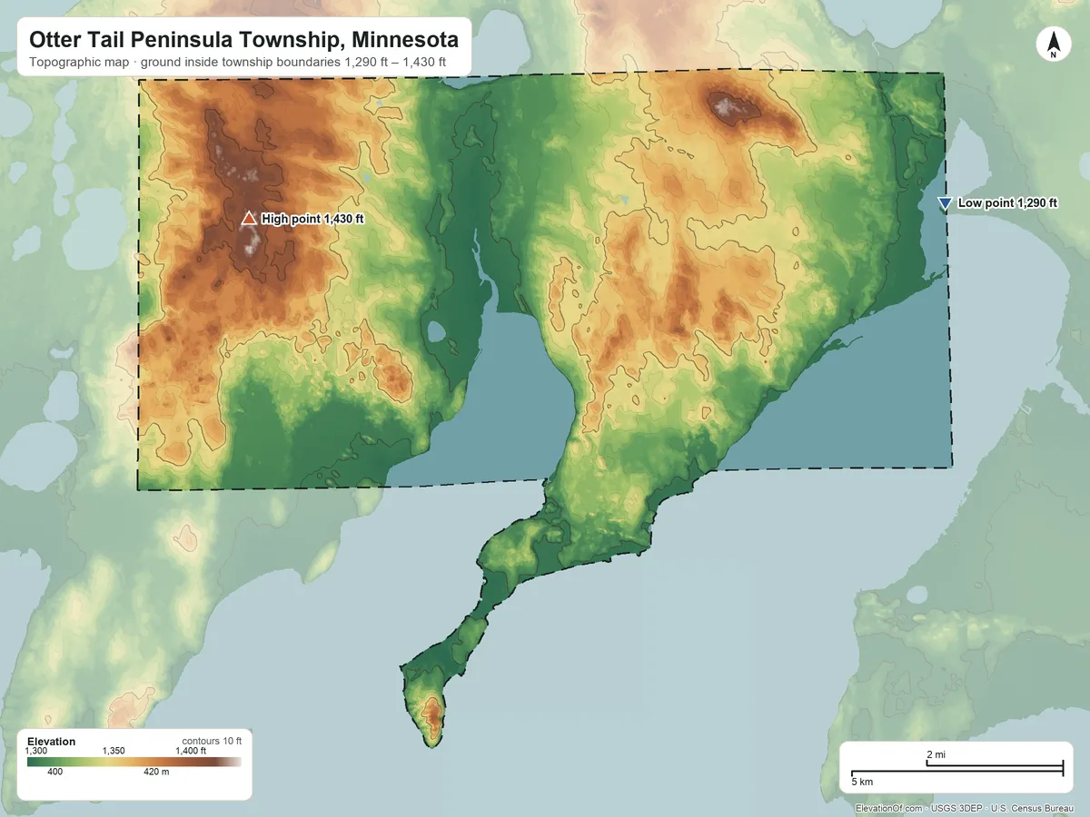 Topographic elevation map of Otter Tail Peninsula Township, Minnesota, shaded from 1,290 ft on the east side to 1,430 ft on the west side