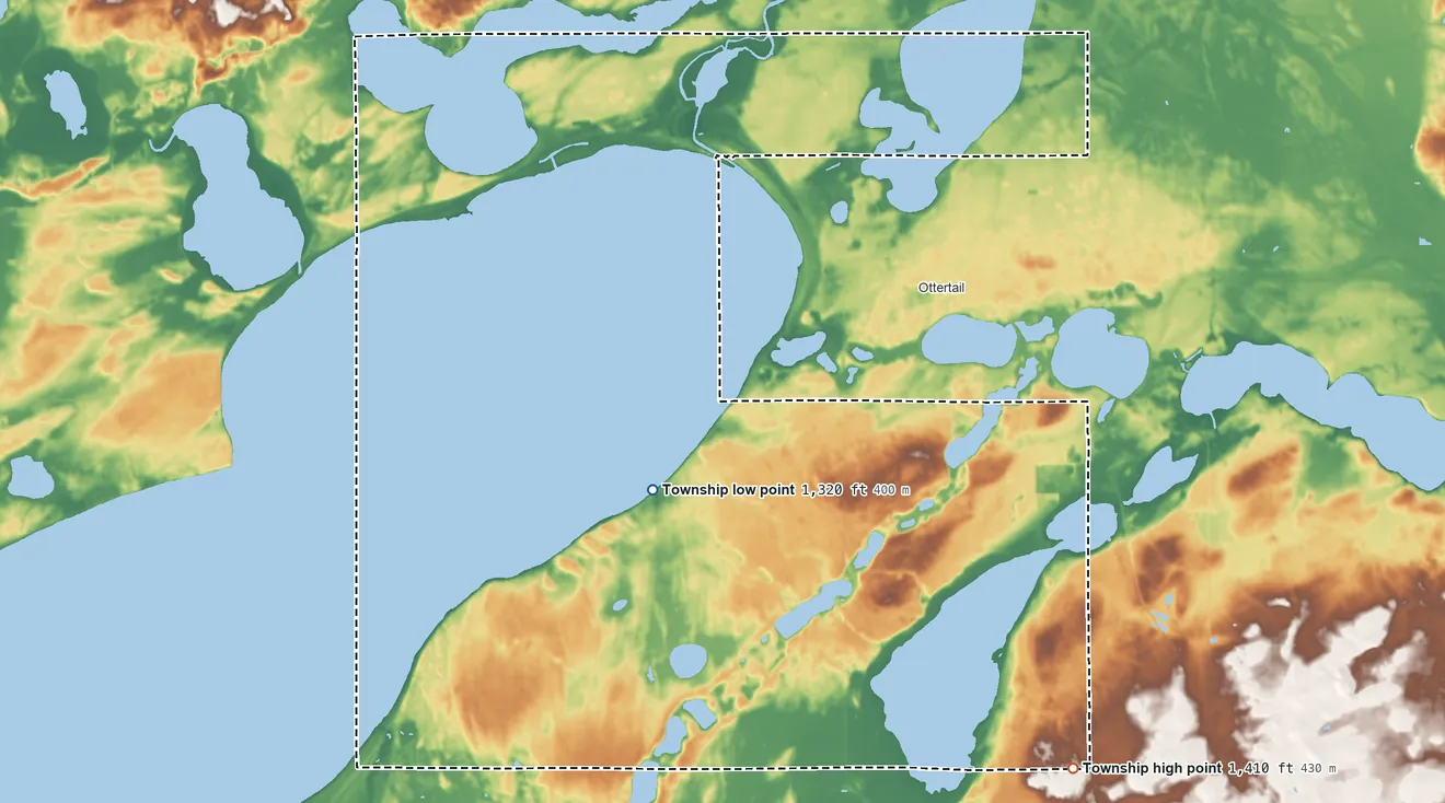 Topographic elevation map of Otter Tail Township, Minnesota, shaded from 1,320 ft near the middle to 1,410 ft on the southeast side