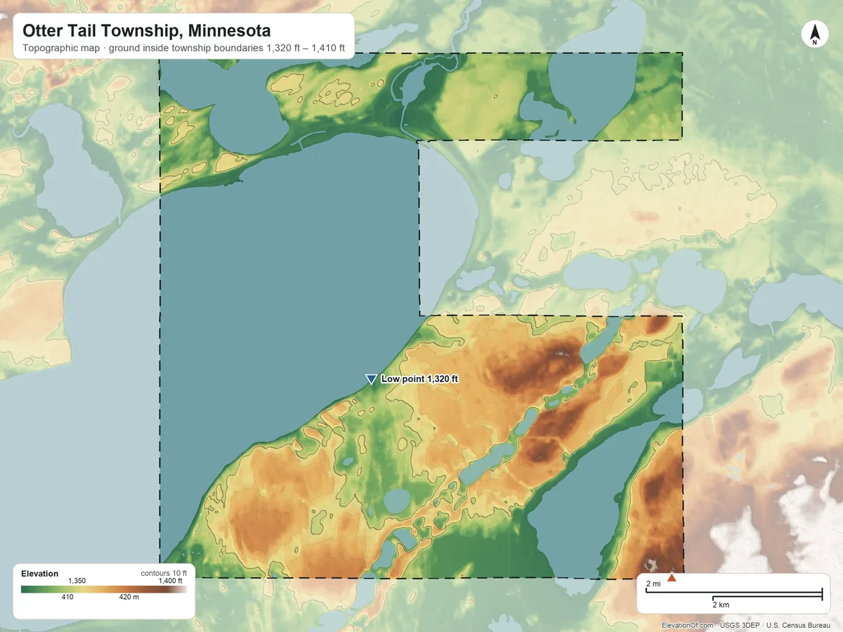 Topographic elevation map of Otter Tail Township, Minnesota, shaded from 1,320 ft near the middle to 1,410 ft on the southeast side