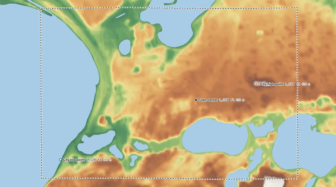 Topographic elevation map of Ottertail, Minnesota, shaded from 1,320 ft on the southwest side to 1,370 ft on the east side