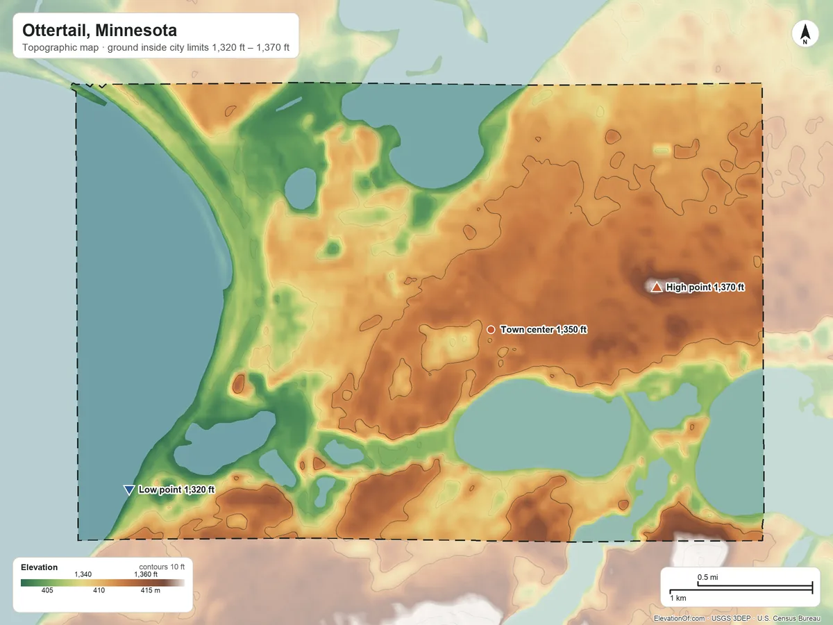 Topographic elevation map of Ottertail, Minnesota, shaded from 1,320 ft on the southwest side to 1,370 ft on the east side