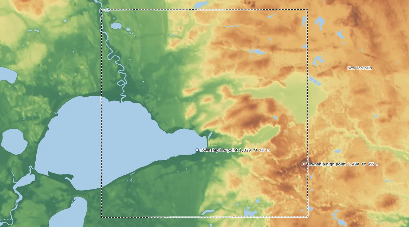 Topographic elevation map of Otto Township, Minnesota, shaded from 1,320 ft on the south side to 1,490 ft on the southeast side