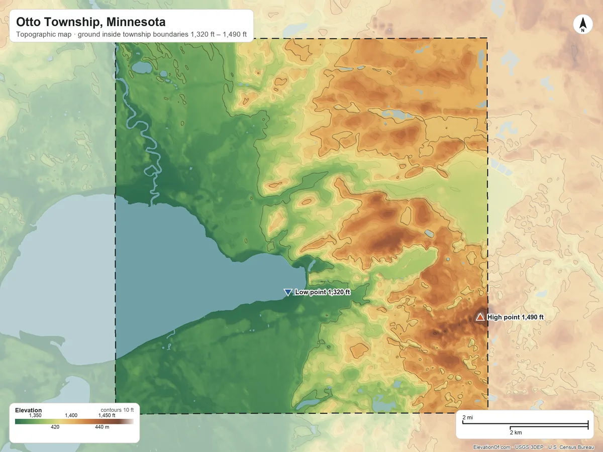 Topographic elevation map of Otto Township, Minnesota, shaded from 1,320 ft on the south side to 1,490 ft on the southeast side