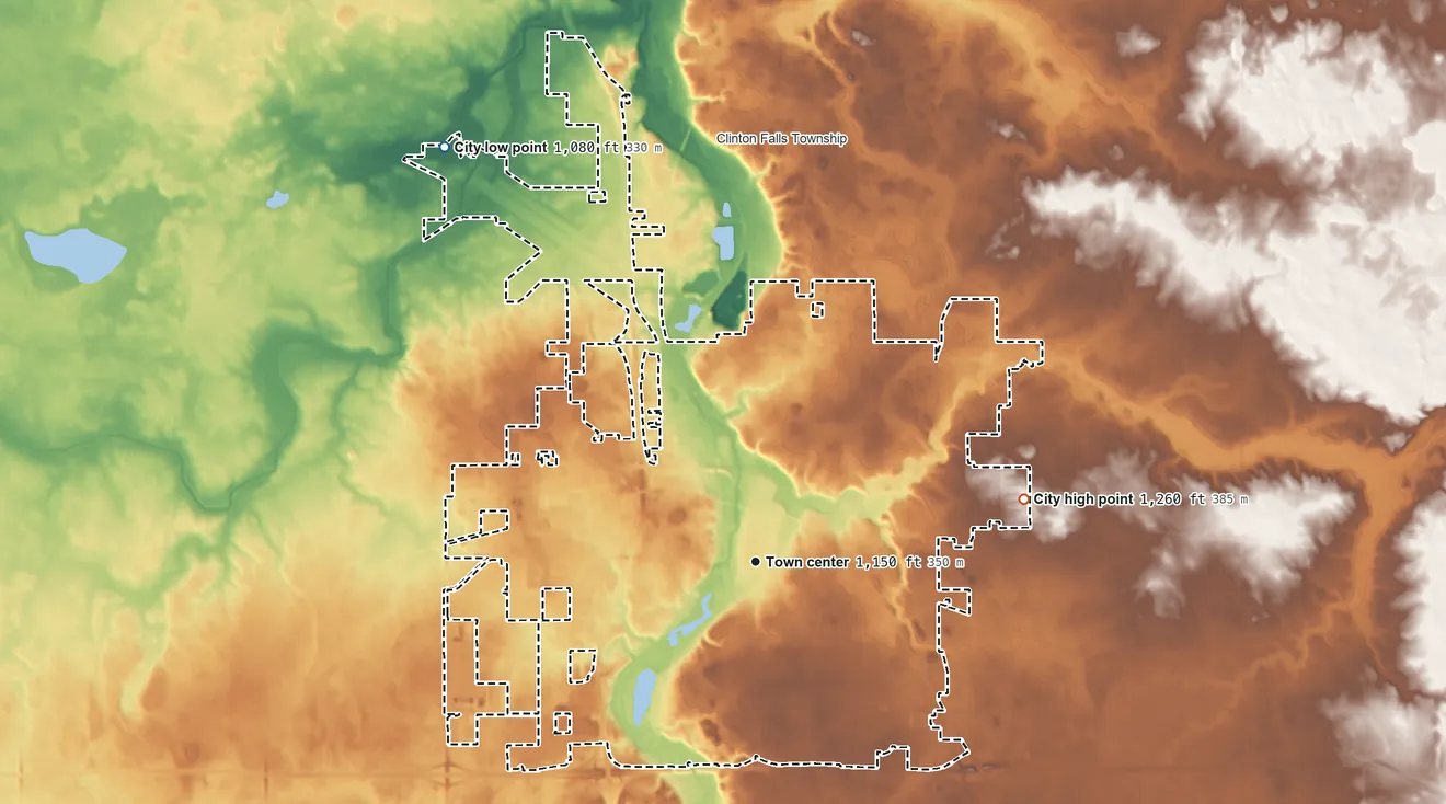 Topographic elevation map of Owatonna, Minnesota, shaded from 1,080 ft on the northwest side to 1,260 ft on the east side