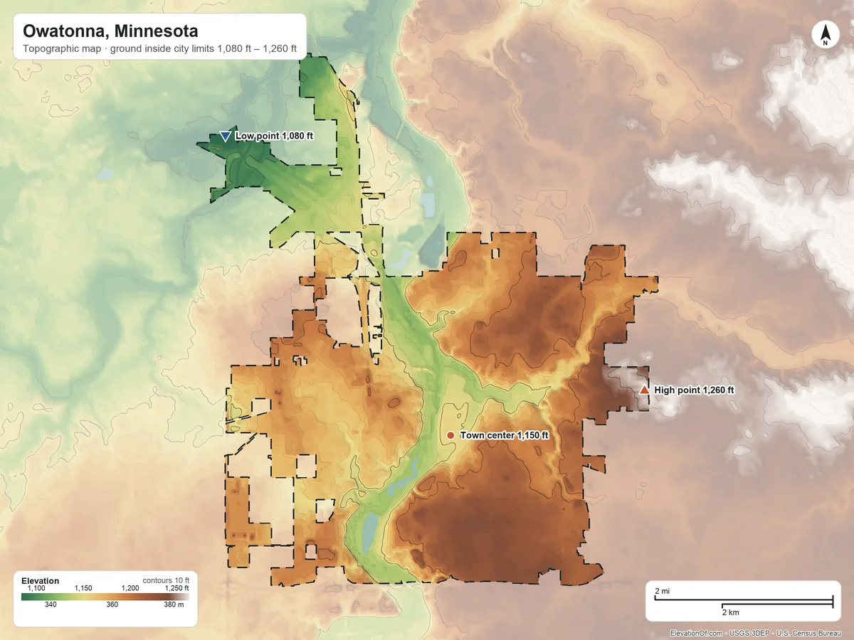 Topographic elevation map of Owatonna, Minnesota, shaded from 1,080 ft on the northwest side to 1,260 ft on the east side